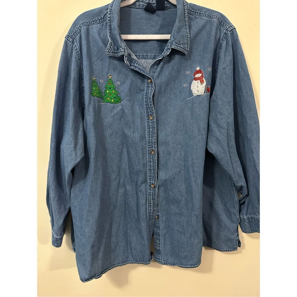 Basic Editions Christmas Chambray Shirt, 3X